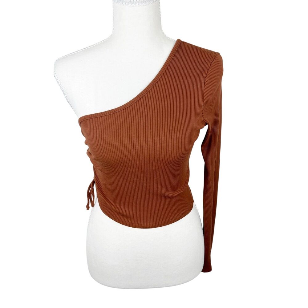 Fashion Nova One Shoulder Long Sleeve Top Brown Ribbed Women Medium Casual